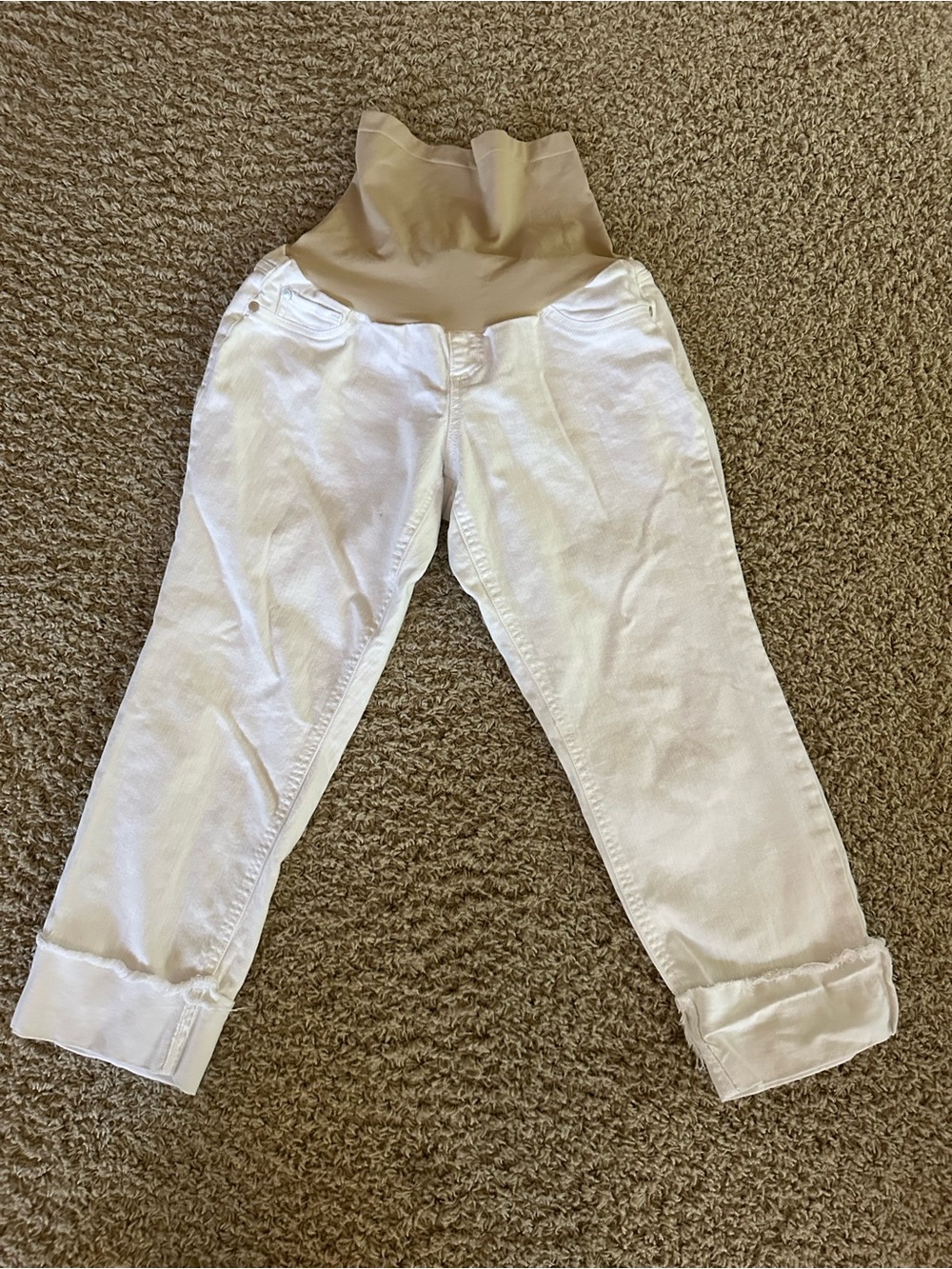 Maternity White Stretch Cropped Jeans with Beige Support Panel